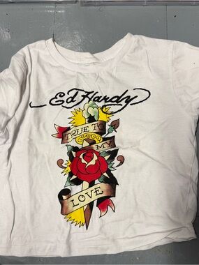 Ed Hardy Kids White Graphic Tee - "True to My Love" Rose Design